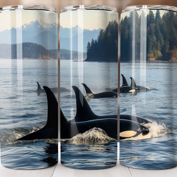 Orca Pod In Puget Sound  20oz Skinny Tumbler Sublimation Design, Instant Digital Download PNG, Straight & Tapered Tumbler Wrap PNG