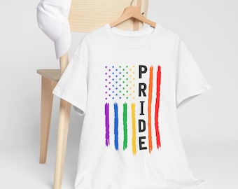 Camiseta LGBTQ Pride, Camiseta com bandeira americana do orgulho do arco-íris, Algodão pesado unissex, Presente LGBT Pride, Vestuário LGBT, Orgulho gay, Orgulho bi, Produtos do orgulho
