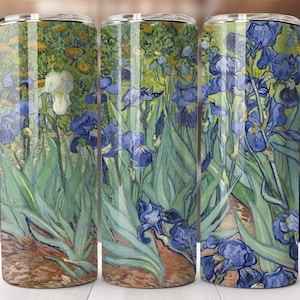May include: Three stainless steel travel mugs displaying Vincent van Gogh's "Irises". The design features blue irises, green leaves, and a textured background, replicating the brushstrokes of the original painting.