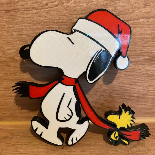 Line Art Peanuts Snoopy Weihnachten mit Woodstock 3D Druck  Geschenkidee für Snoopy Liebhaber