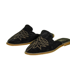 Georgette Black Suede Mules – Handmade Western Slip-On Shoes – Cowgirl Leather Mules for Everyday Style