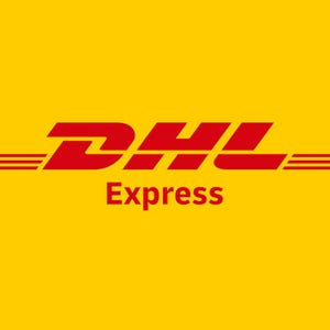 May include: The DHL Express logo features bold red lettering and horizontal lines on a bright yellow background. The word "Express" is written in red below the DHL logo.