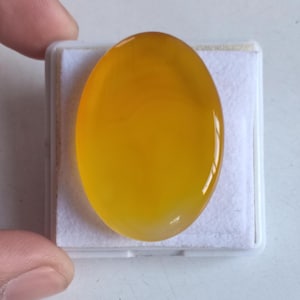 Peut inclure: Une pierre précieuse polie de forme ovale, d'une couleur jaune-orangé vif. La pierre est présentée sur un fond blanc dans un petit contenant carré. La surface polie de la pierre précieuse reflète la lumière.