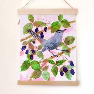 Catbird and Blackberries Art Print, Nature Wall Art, Summer Decor, 8x10 unframed