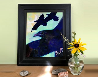May include: Framed painting of three black crows in flight against a blue and green background. The crows are silhouetted against a crescent moon.