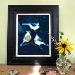 Titmice Art Print, Painterly blue and orange birds, Bird Art, Nature Wall Art, 8x10 unframed