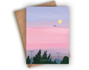 Fly to the moon-illustrated greeting cards，Daily greeting，pink sky/moon Creative/Artistic cards gift
