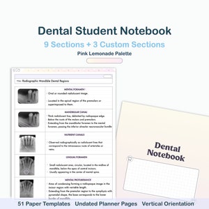 May include: Dental Student Notebook with 9 sections and 3 custom sections. The notebook has a pink lemonade palette and vertical orientation. Includes 51 paper templates and undated planner pages. The cover says "Dental Notebook".