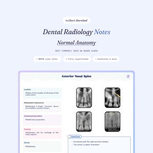 Puede incluir: Guía de estudio digital titulada Dental Radiology Notes Normal Anatomy que presenta texto e imágenes de radiografías dentales de la espina nasal anterior. Incluye secciones sobre ubicación, apariencia radiográfica, descripción anatómica, función y densidad.