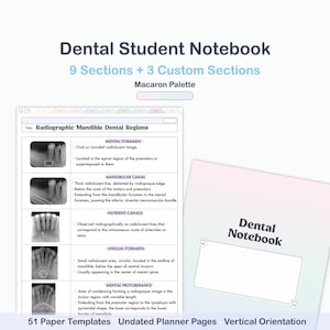 Könnte beinhalten: Ein Notizbuch für Zahnmedizinstudenten mit einem Macaron-Palette-Cover. Das Notizbuch enthält den Text "Dental Notebook" und enthält Abschnitte über radiografische mandibuläre Zahnregionen mit 51 Papiervorlagen und undatierten Planerseiten.