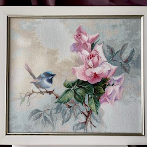 Finished Cross Stitch Picture with Frame | Handmade Gifts | Wall Decor | | Completed Cross Stitch Embroidery | Bird | Roses