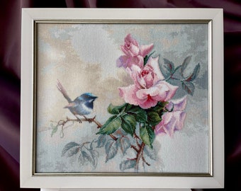 Finished Cross Stitch Picture with Frame | Handmade Gifts | Wall Decor | | Completed Cross Stitch Embroidery | Bird | Roses