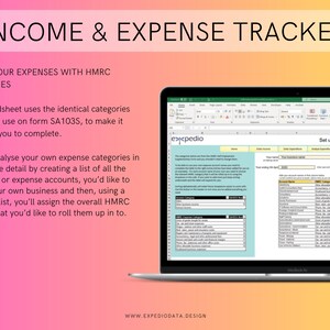 May include: A laptop computer screen displaying a spreadsheet with the title "Income & Expense Tracker". The spreadsheet is designed to help users track their income and expenses using categories that align with HMRC guidelines. The spreadsheet includes a section for setting up accounts and a dropdown list for assigning categories.