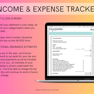 May include: A laptop computer screen displaying a spreadsheet with the title "Profit and Loss" and the text "SA103S Form". The spreadsheet is for tracking income and expenses for a business. The text "Income & Expense Tracker" is displayed on a pink and yellow background.