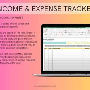 May include: A laptop computer screen displaying a spreadsheet with the title "Income & Expense Tracker". The spreadsheet is designed to help users track their income and expenses. The text on the screen says "Add your income & expenses".