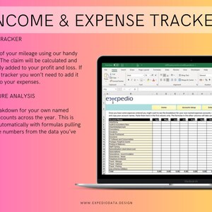 May include: A laptop computer displaying a spreadsheet with the title "Income & Expense Tracker". The spreadsheet is divided into sections for mileage tracking and expenditure analysis. The spreadsheet is designed to help users track their income and expenses.