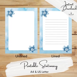 Floral Printable Stationery, Watercolor Stationary, Blue Botanical, Writing Paper, A4, US Letter, Instant Download