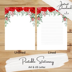 Papelería imprimible de rosas rojas, botánico, papel de escritura, A4, carta de EE. UU., descarga instantánea