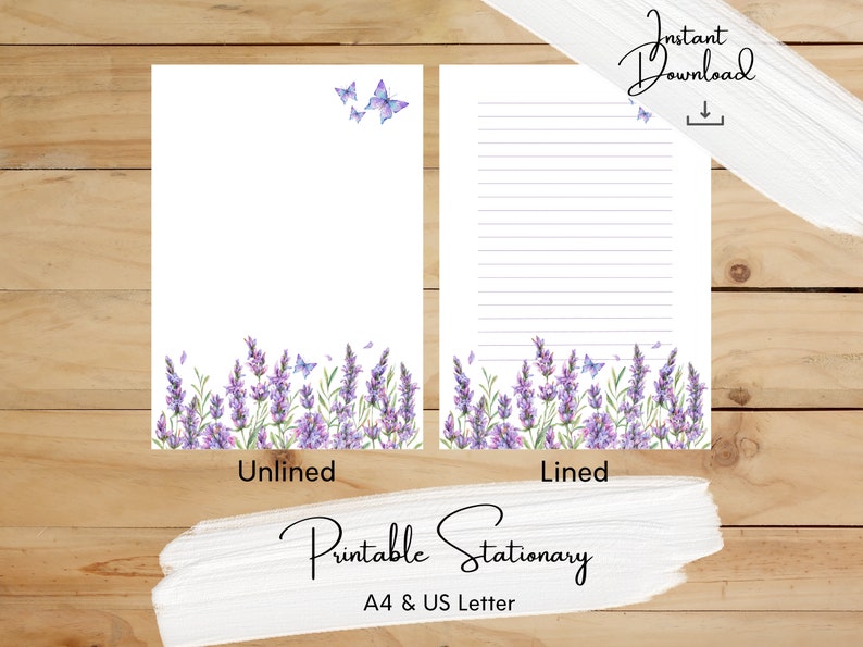 Butterfly Lavender Floral Printable Stationery, Botanical, Writing ...
