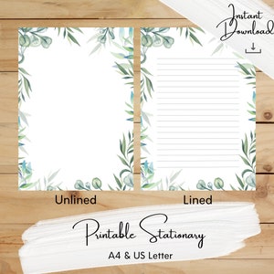Papelaria para impressão com borda de folhas verdes, botânico, papel para escrever, A4, carta dos EUA, download instantâneo