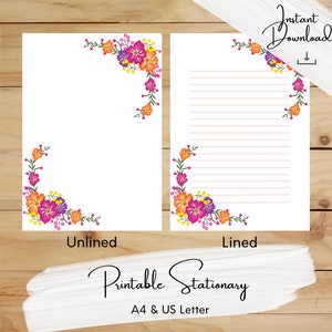 Pink Purple Orange Flowers Printable Stationery, Botanical, Writing Paper, A4, US Letter, Instant Download