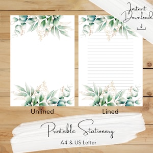 Green and Gold Leaves Floral Printable Stationery, Botanical, Writing Paper, A4, US Letter, Instant Download