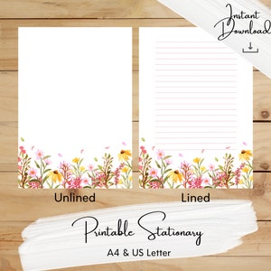 Papelería imprimible de flores rosas y girasoles, botánico, papel de escritura, A4, carta de EE. UU., descarga instantánea