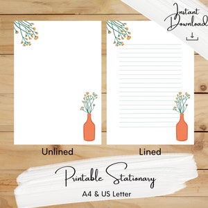 Florero naranja flores papelería imprimible, botánico, papel de escritura, A4, carta de EE. UU., descarga instantánea