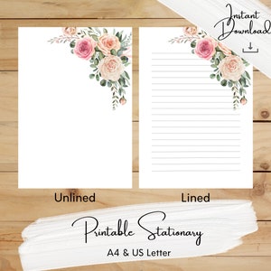 Papelería imprimible floral de melocotón rosa, botánico, papel de escritura, A4, carta de EE. UU., descarga instantánea