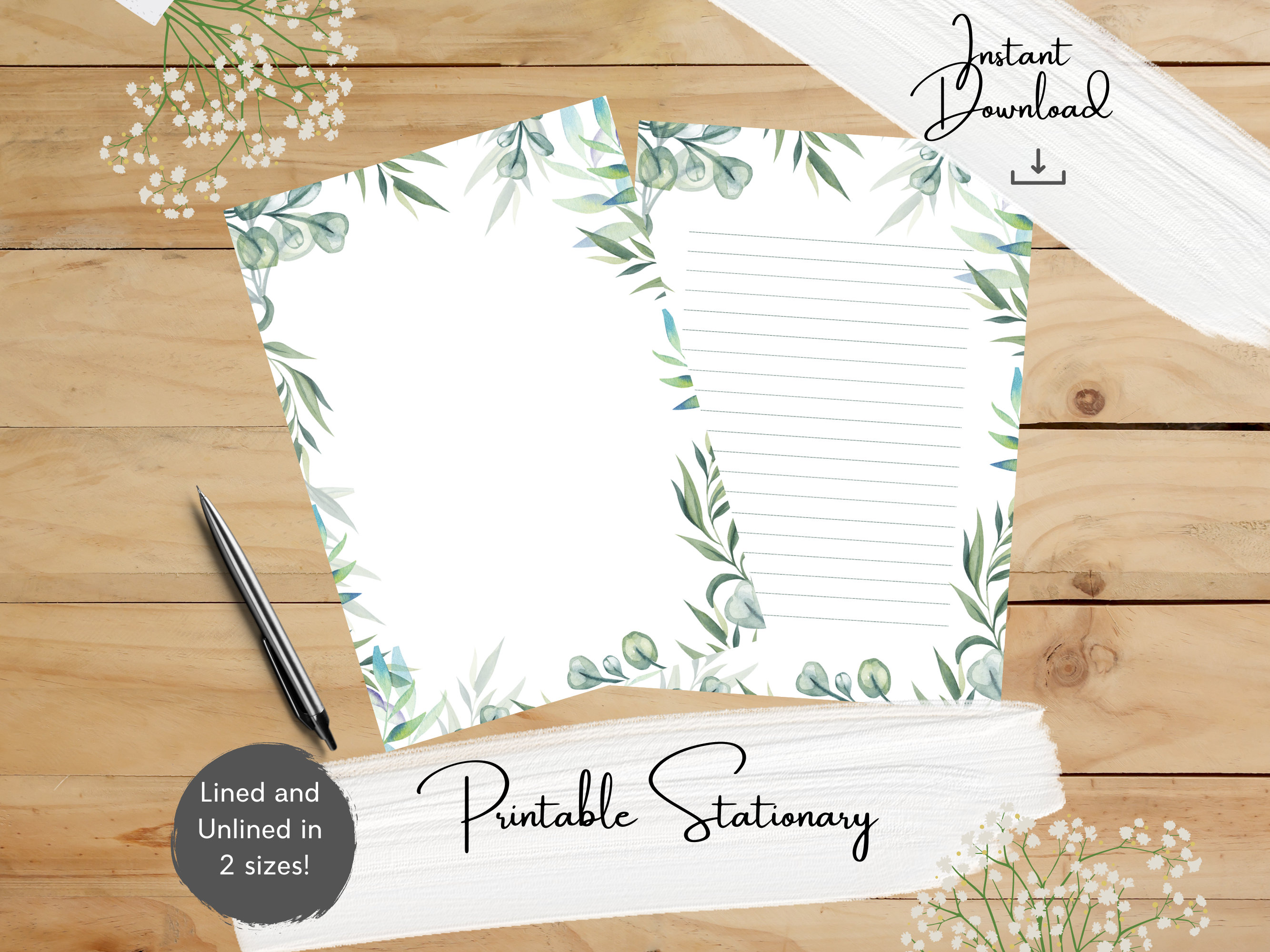 Whole Shop Printable Stationery, Watercolor Stationary, Blue Botanical ...