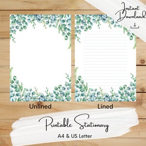 Papelería imprimible de eucalipto, floral, botánico verde, papel de escritura, A4, carta de EE. UU., descarga instantánea