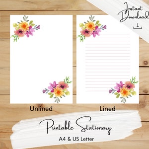 Papelería imprimible de flores de colores, Botánico, Papel de escritura, A4, Carta de EE. UU., Descarga instantánea