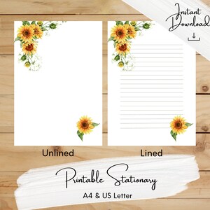 Papelería imprimible de girasol, Botánico, Papel de escritura, A4, Carta de EE. UU., Descarga instantánea