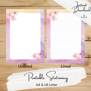 Pink Watercolor and Floral Printable Stationery, Watercolor, Pink Purple Botanical, Writing Paper, A4, US Letter, Instant Download