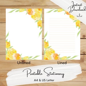 Yellow Roses Printable Stationery, Botanical, Writing Paper, A4, US Letter, Instant Download