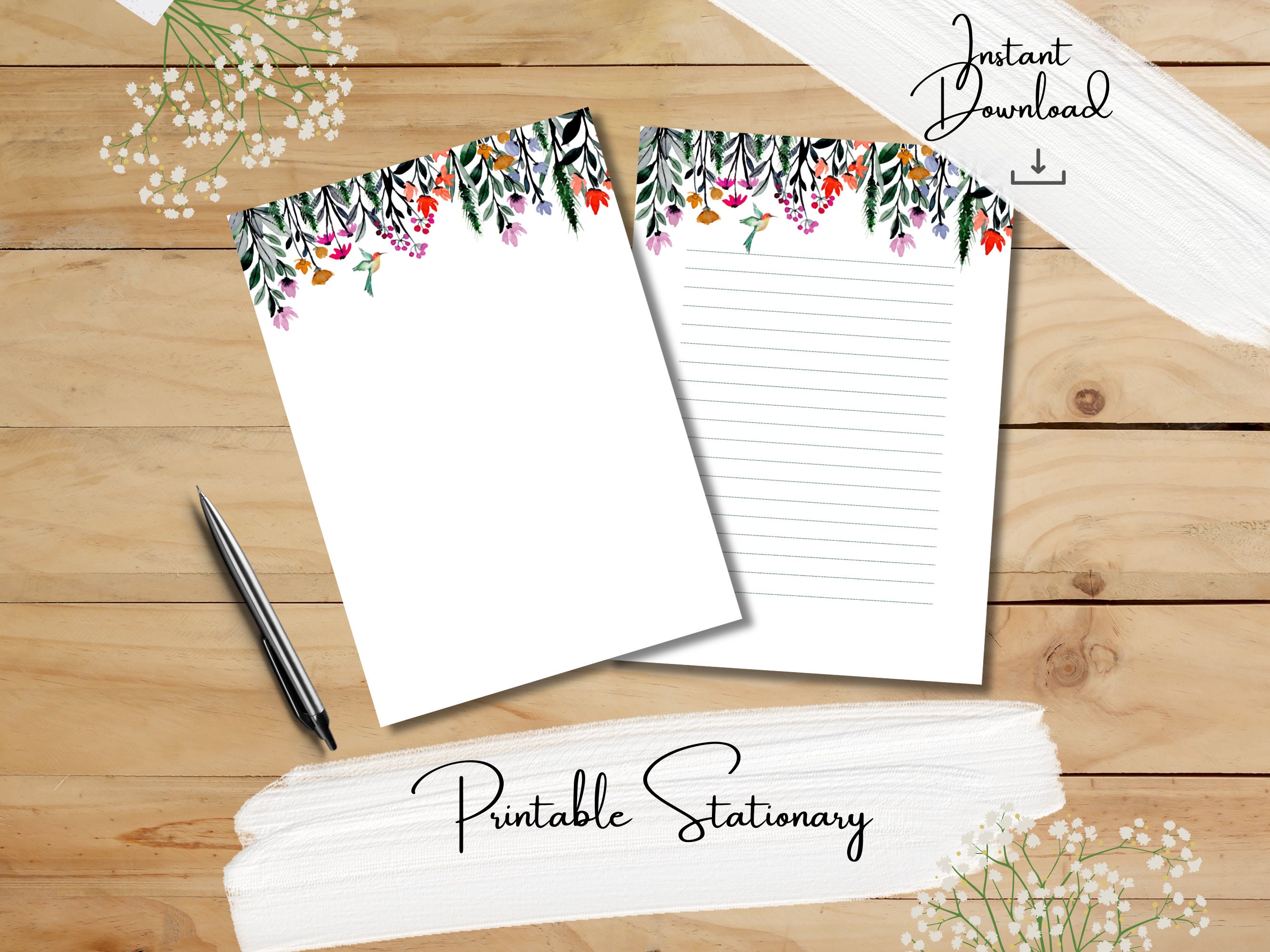 Hummingbird Flowers Printable Stationery, Botanical, Writing Paper, A4 ...
