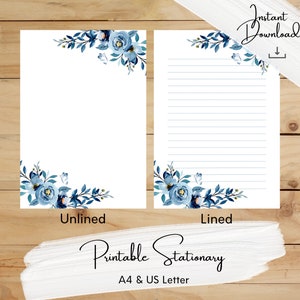 Blue Butterfly and Floral Printable Stationery, Watercolor Stationary, Blue Botanical, Writing Paper, A4, US Letter, Instant Download