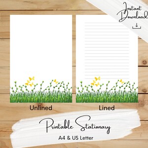 Green Grass Yellow Butterfly Printable Stationery, Botanical, Writing Paper, A4, US Letter, Instant Download