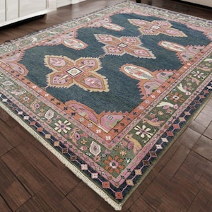 Navy Green Pink Area Rug 5x8 Modern Oushak Rug Handmade Turkish Wool Rug For Bedroom Green Orange Rug 9x12 Touch of Vintage