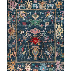 Alfombra Oushak hecha a mano 9x12 – Alfombra vintage turca de lana azul verde rosa | Diseño persa tradicional 8x10 10x14