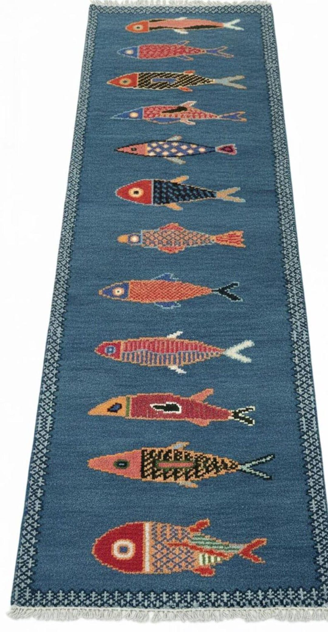 Hand-knotted Wool Fish Runner Rug: Coastal Hallway Carpet, Boho ...