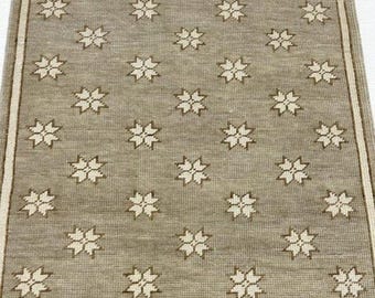 Brown Ivory Handmade Turkish Rug 8x10 | Oushak Star Pattern Wool Area Rug | Neutral Living Room, Bedroom, Hallway Decor 9x12 Star Rug