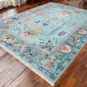 Modern Teal Hand Knotted Area Rug Beautiful 6x9 Turkish Style Oushak Rug with Orange & Pink Accents Aesthetic Living Room Vintage-Inspired 
