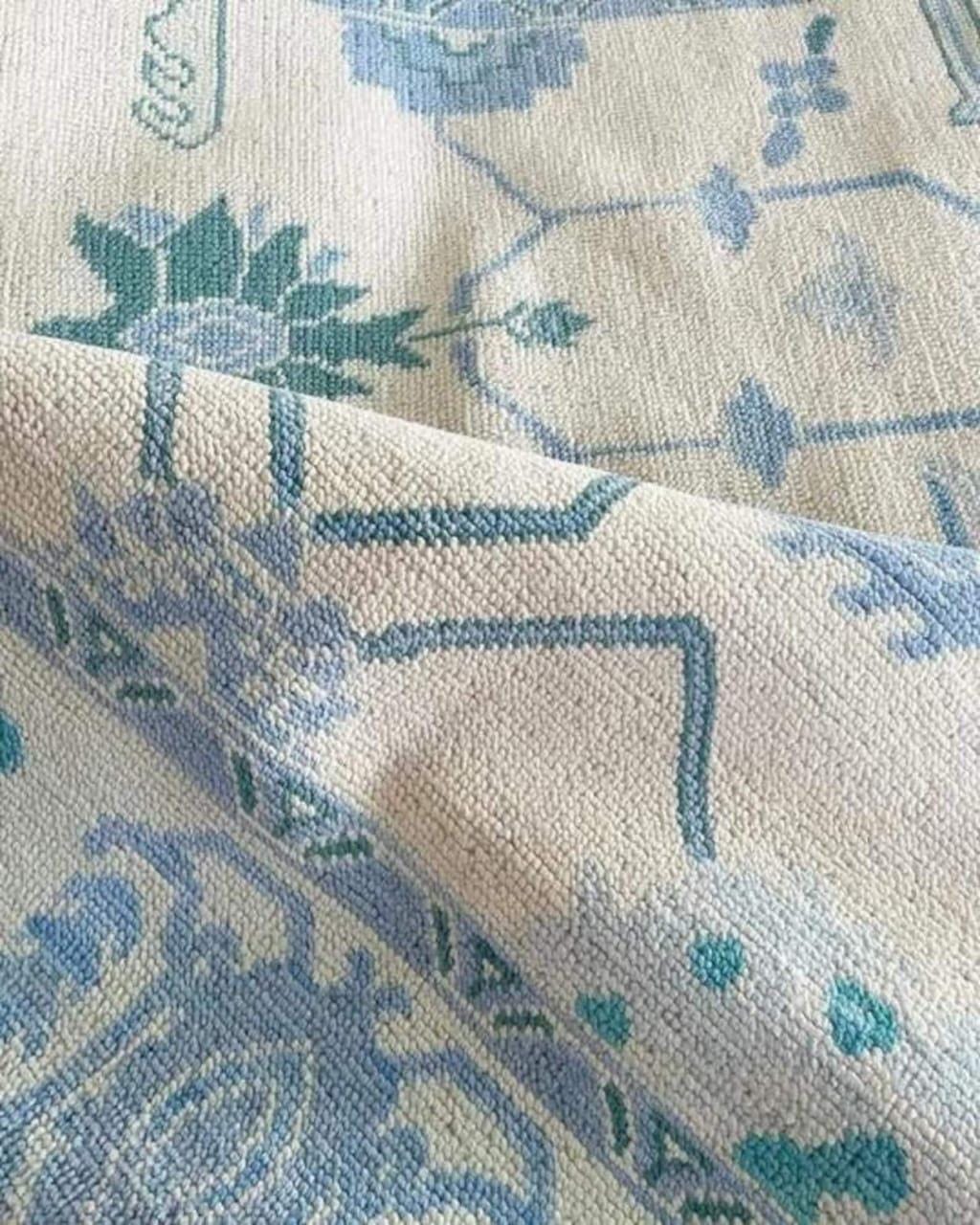 Knotted Oushak Rug |Light Blue Turkish Wool Rug |Vintage Style Carpet |Traditional Soft Pastel Rug |Custom Size Available 9x12 10x14 12x15