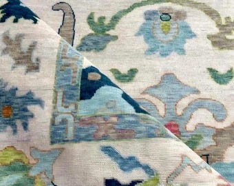 Oushak made in 100% Wool natural dying Area Rug Living Room, Bed Room, Tuscan Ivory Teal Turkish Unique Rug