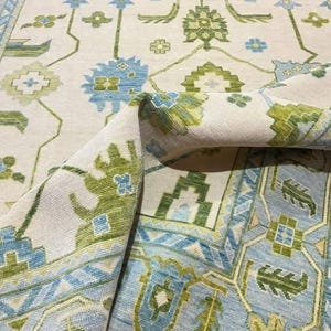 Handmade Modern Oushak Rug Sea Blue Border Olive green Blue Accent Modern Rug | Living Room rug Floral Design 9x12 Green Floral