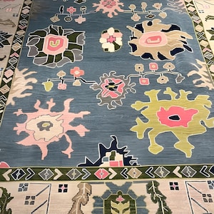 Modern 9'X12' Blue Green Rug, Oushak Rug With Ivory, Olive Green & Light Pink Motifs: Modern Coastal Comfort Area Rug Turkish Look
