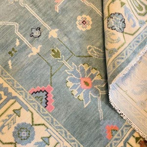 Blue Rug 8x10, Wool Rug Green Orange & Pink Accent, Turquoise Turkish Rug, Living Room Area Rug Teal Rug 9x12, Colorful Oushak Hall Runner 