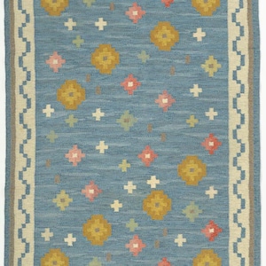 Hand Woven Kilim Rug | Blue Flat Weave Wool Rug | Colorful Geometric Turkish Kilim | Boho Vintage Style Area Rug