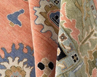 Orange Modern Somya Peach Handmade Vintage Turkish Knotted Oushak rug for living room, bed room, kids room, hall way, Sizes Runner